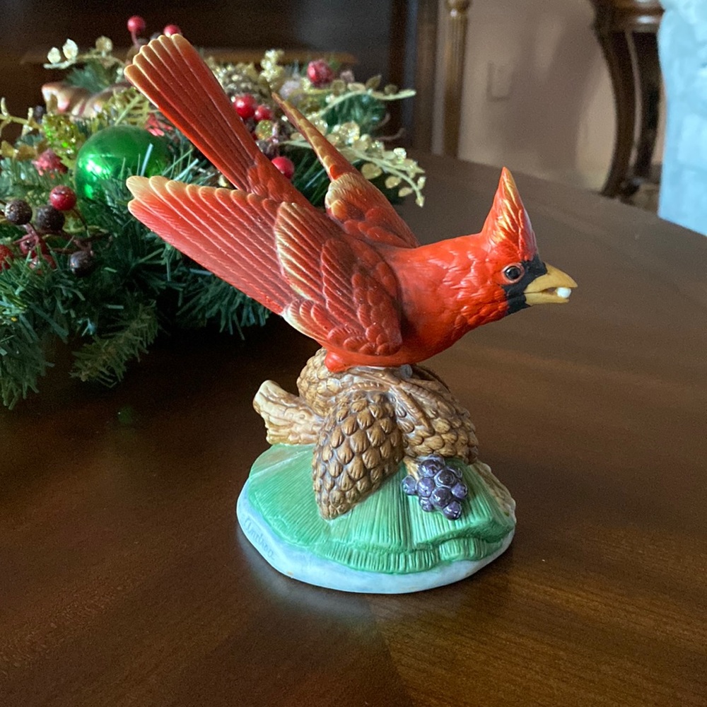 Limited Edition Cardinal w/Pinecone & Heavenly Bamboo Porcelain Statue